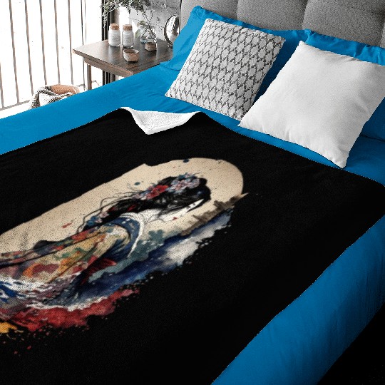 Geisha Watercolor Sea Waves Asian Art Woman Baby Blankets