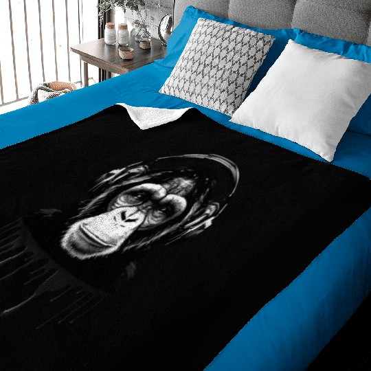 Chimpanzee with Headphones Monkey Music DJ Baby Blankets