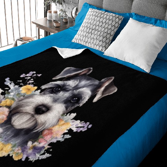 Schnauzer Dog Watercolor Floral Baby Blankets