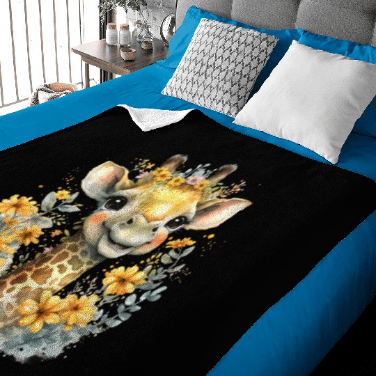 Baby Giraffe Safari Animal Watercolor Floral Baby Blankets