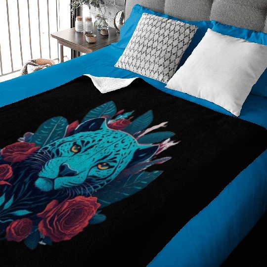 cute jaguar with red flowers Baby Blankets