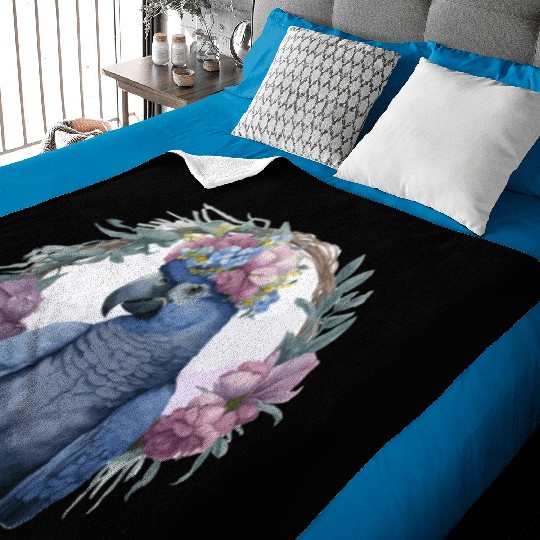 Watercolor Hyacinth Macaw Parrot Bird Flower Crown Baby Blankets