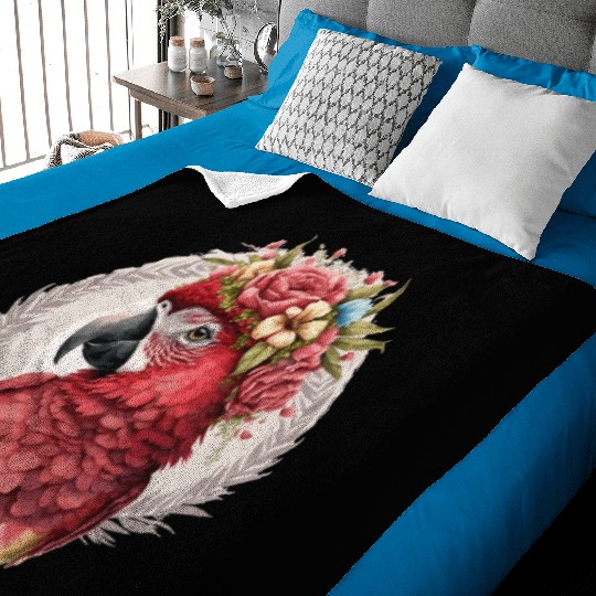 Scarlet Macaw Parrot Watercolor Bird Flower Crown Baby Blankets