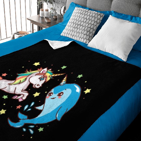 Cute Funny Horned Narwhal And Unicorn Friends Baby Blankets