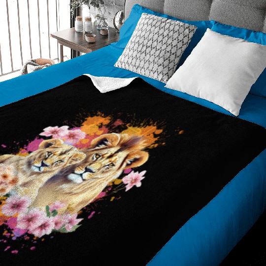 Lion Mom & Son Cubs with Flower Watercolor Baby Blankets