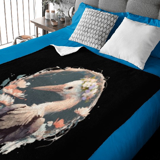 Cute Stork Bird Flower Crown Floral Birds Baby Blankets