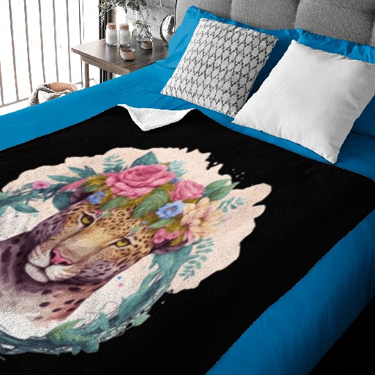 Jaguar Flower Crown Floral Watercolor Baby Blankets
