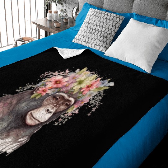 Cute Monkey Flower Crown Floral Watercolor Baby Blankets