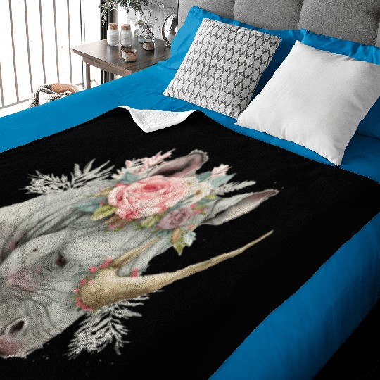 African Watercolor Rhinozeros Flower Crown Safari Baby Blankets