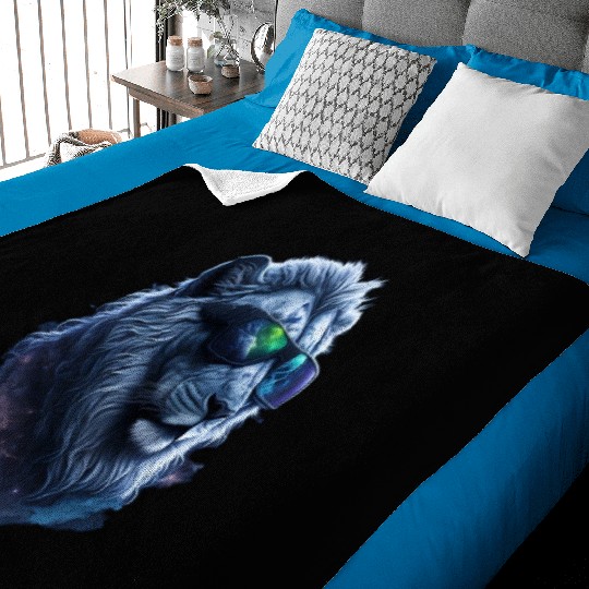 Silver Lion in Space: The Coolest Cat with Shades Baby Blankets