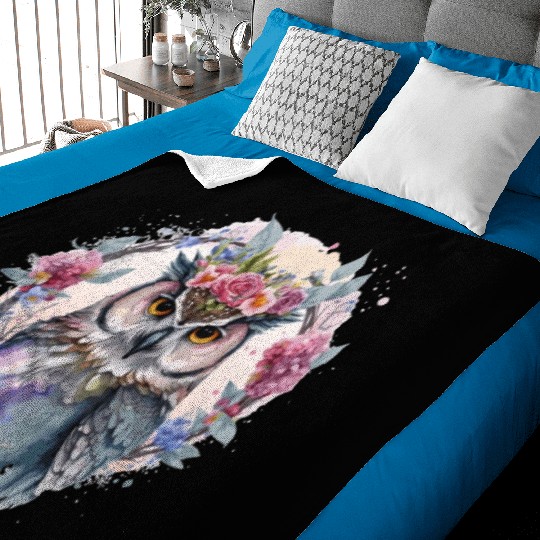 Watercolor Owl Flower Crown Artistic Floral Birds Baby Blankets