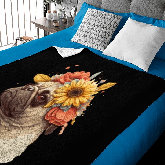 Cute Pug Flower Crown Pet Dog Breed Floral Puppy Baby Blankets