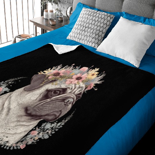 Cute Pug Flower Crown Pet Dog Breed Floral Puppy Baby Blankets