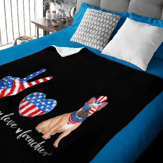 Peace Love Frenchie Patriotic US Flag 4th July Baby Blankets