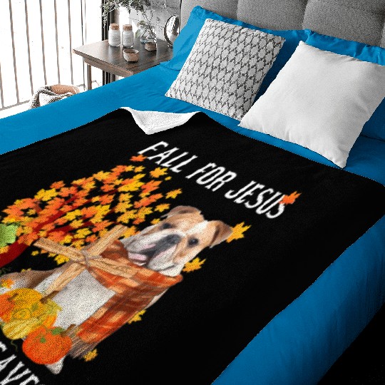 Bulldog Autumn Fall For Jesus He Never Leaves Baby Blankets