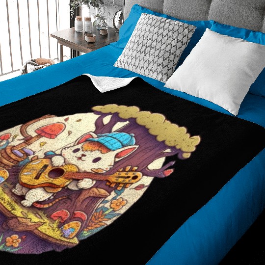 Cute Kawaii Cat Playing Guitar Banjo On Log Baby Blankets