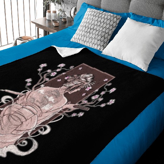 Vintage Japanese Katana Wo Kimono Cherry Blossoms Baby Blankets