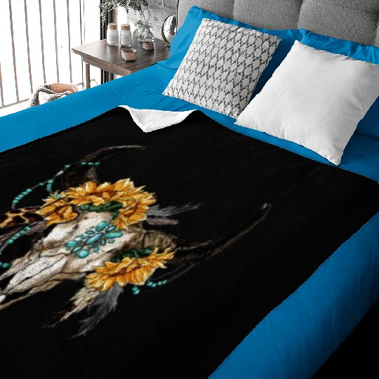 Bull Skull And Sunflowers Baby Blankets