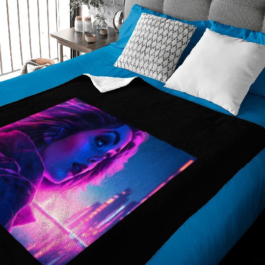 Synthwave girl in front of a neon light city Baby Blankets