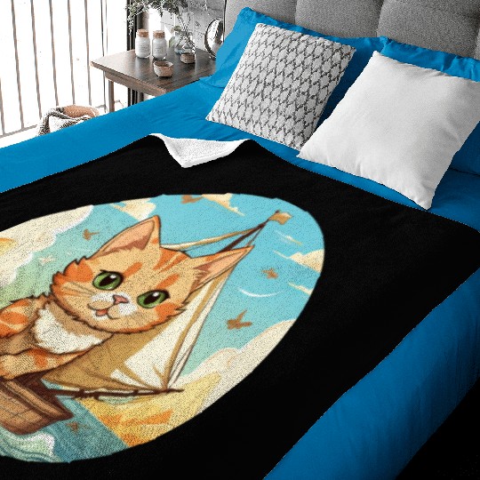 Sailing Cat on Sailboat, Sunset Animal Design Baby Blankets
