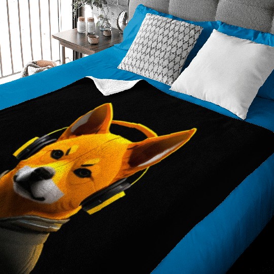 Running Shiba Inu with Headphones, Athletic Dog Baby Blankets