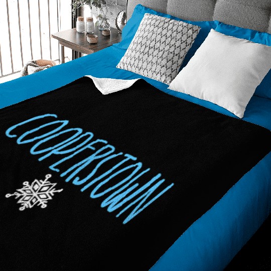 Cooperstown Ny Snowflake Drawing Light Blue Text Baby Blankets