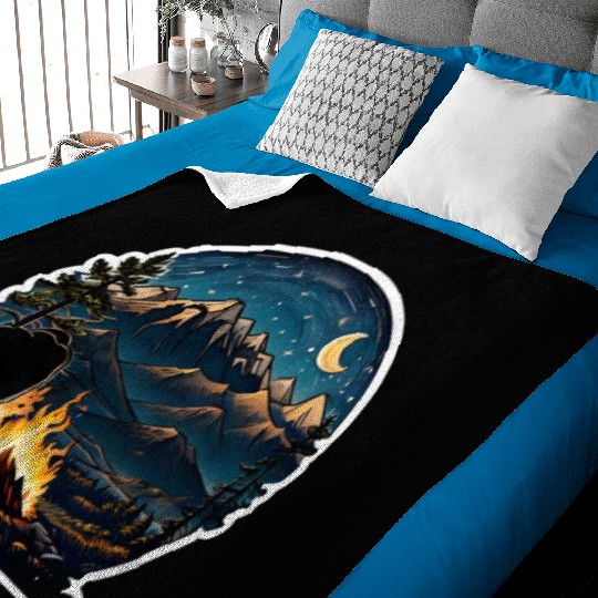 A Camper Sitting By A Campfire Baby Blankets