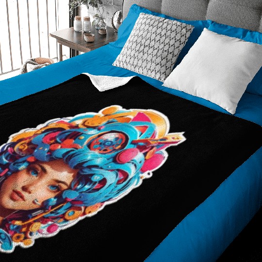 Psychedelic girl with multi color hair. futuristic Baby Blankets