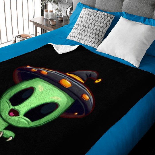 Green Alien Celebrates Halloween Baby Blankets