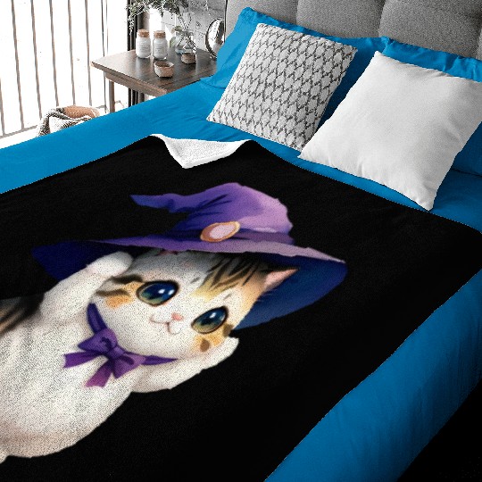 Cute Watercolor Witch Cat Baby Blankets