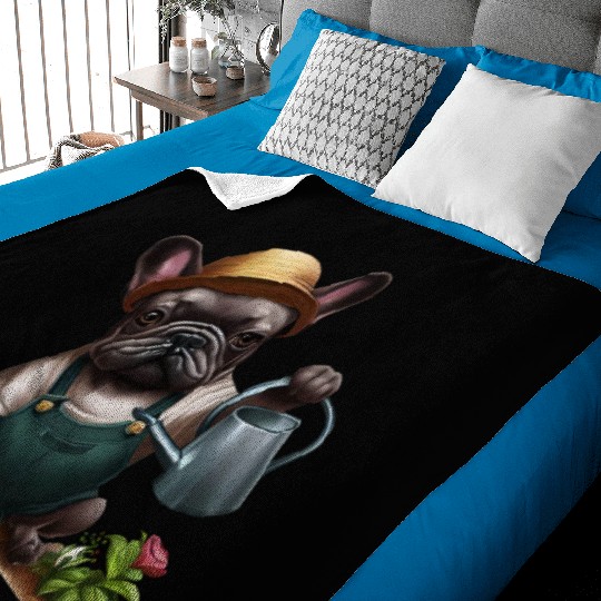 Frenchie Playing in the Garden Baby Blankets