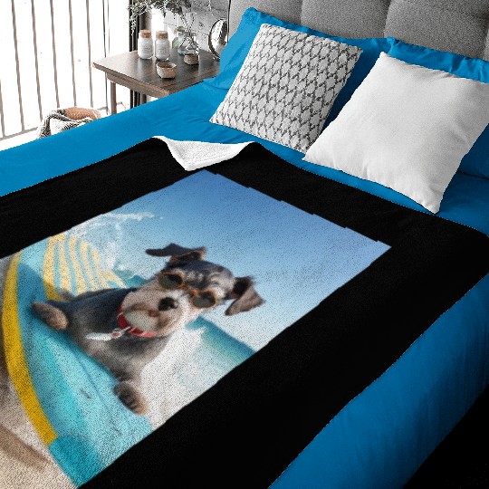 Schnauzer Surfing at Beach On A Surfboard Baby Blankets