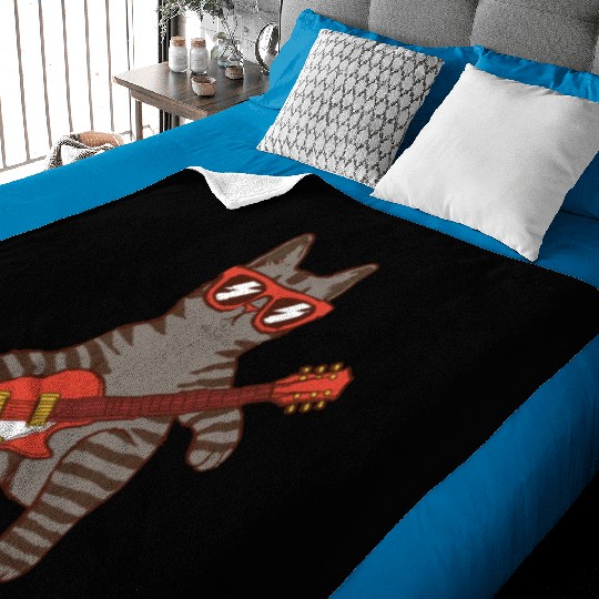 Rock Cat Playing Guitar - Funny Guitar Cat Baby Blankets