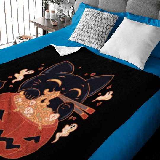Kawaii Creepy black Cat Eating Ramen Noodles Baby Blankets