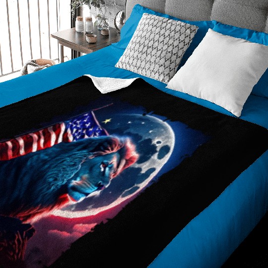America lion under Moon with American Flag Baby Blankets