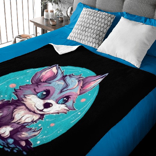 Digital Art Fox Sitting on Rock Crescent Moon Baby Blankets