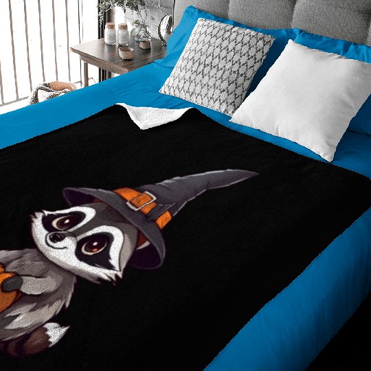Cute Halloween raccoon with a witch hat. Baby Blankets
