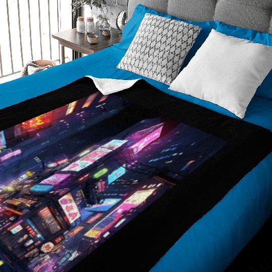 Tokyo Urban Scene - A Digital Art Illustration wit Baby Blankets