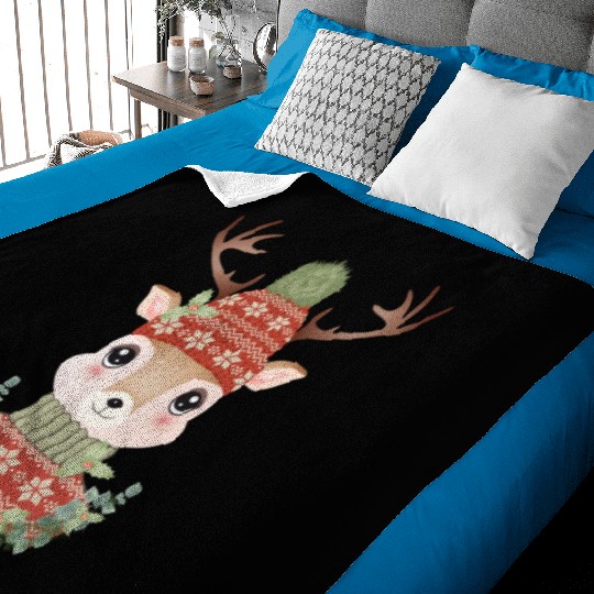 cute deer with sweater and Christmas wreath Baby Blankets