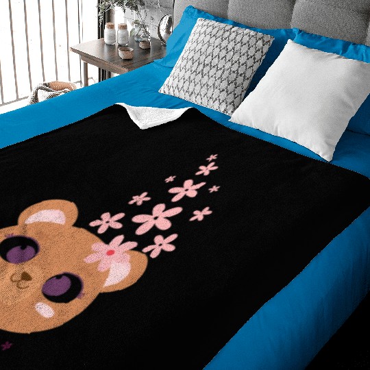 Teddy bear face with flower Baby Blankets