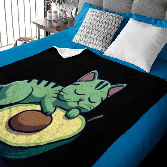 Green Cat W/Black Stripes Sleeping On An Avocado Baby Blankets