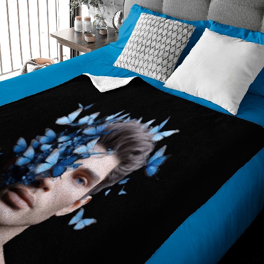 Male Face with Blue Butterflies Baby Blankets