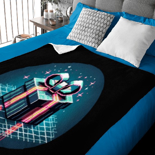 Cyberpunk Pixel Art Gift Box - Neon Ribbons Baby Blankets