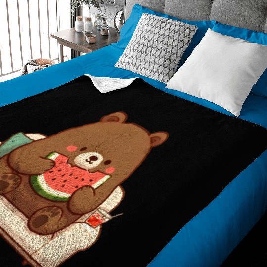 Cosy bear enjoying watermelon Baby Blankets
