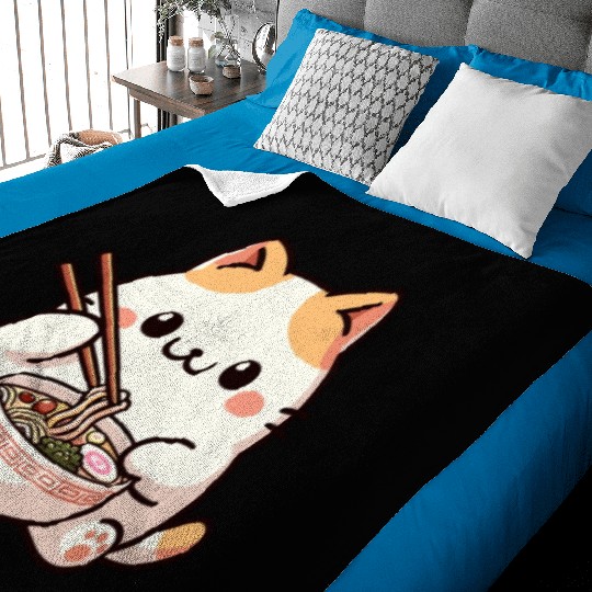 Neko Cat Eating Ramen Noodles Anime Baby Blankets