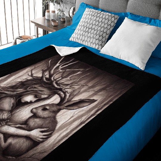 Illustration of Girl with Jackalope Baby Blankets