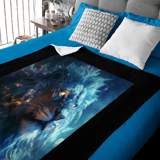 Blue Fantasy Lion Face with Gold Eyes Baby Blankets