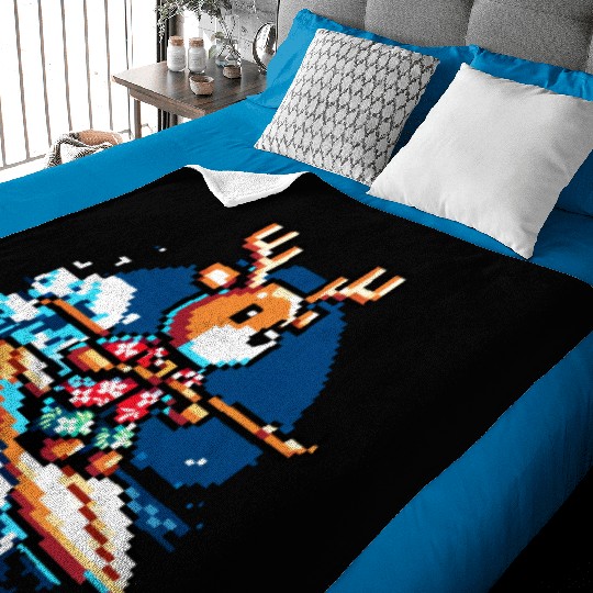 Surfing Reindeer: 8-Bit Holiday Wave Baby Blankets