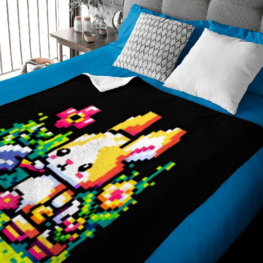 8-Bit Bunny Gardener: Retro Digital Garden Scene Baby Blankets