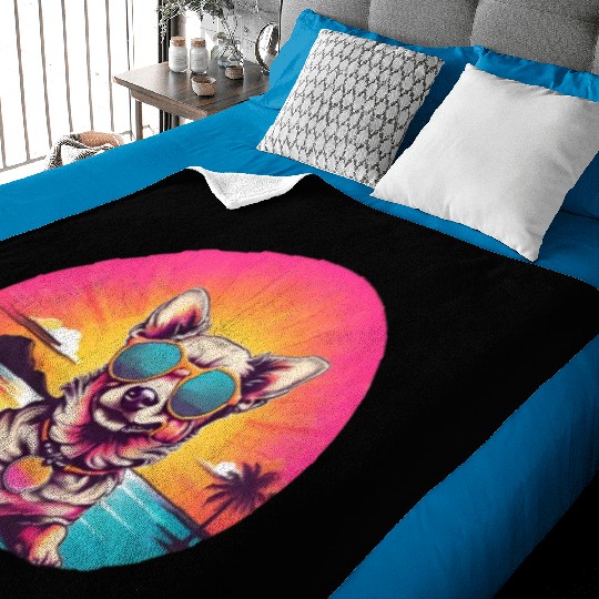 Retro dog wearing sunglasses - Neon sunset Baby Blankets